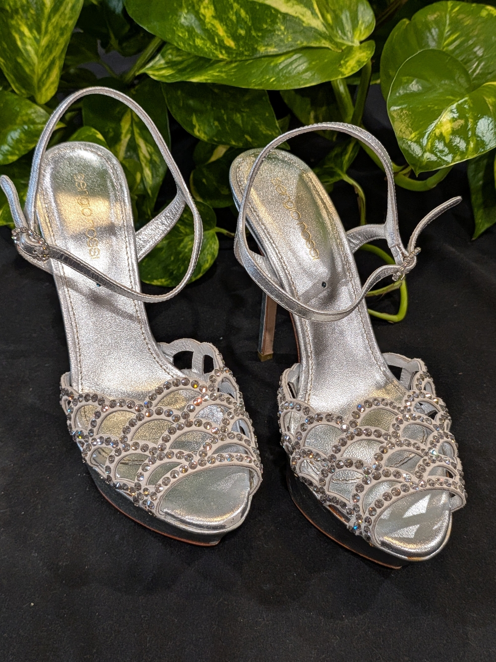Sergio Rossi Silver Crystal Embellished Platform Sandals Stiletto Heel Size 36.5